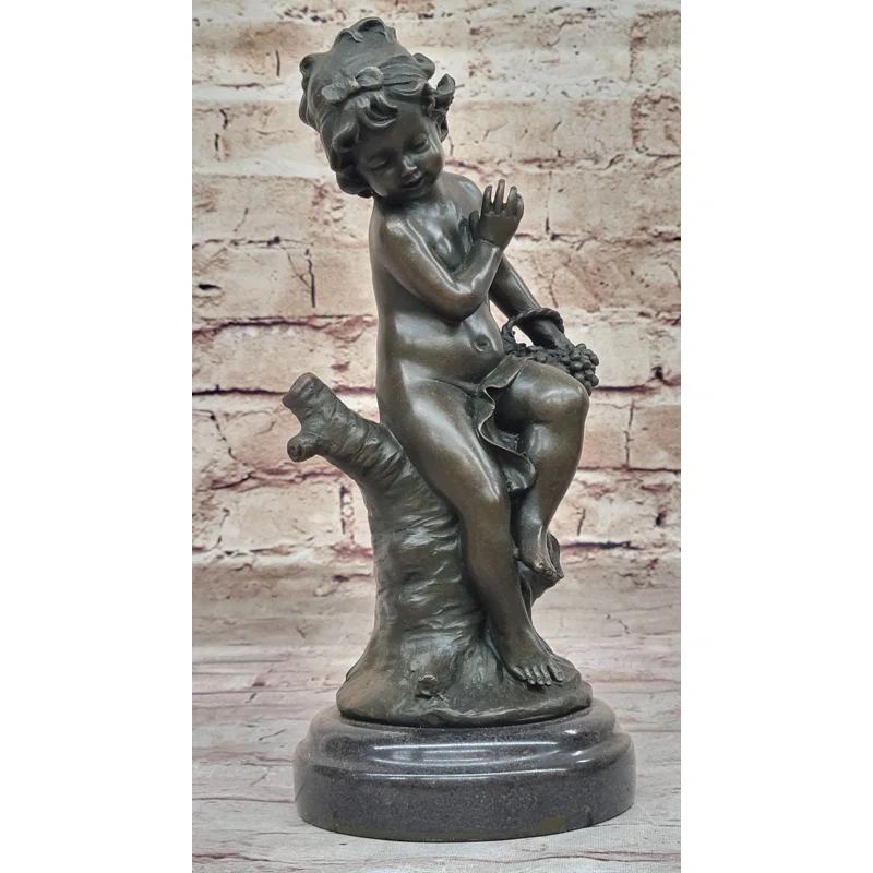 Red Barrel Studio® Small Child Girl Toddler Holding Basket Of Grapes - Clical Bronze Sculpture By Moreau