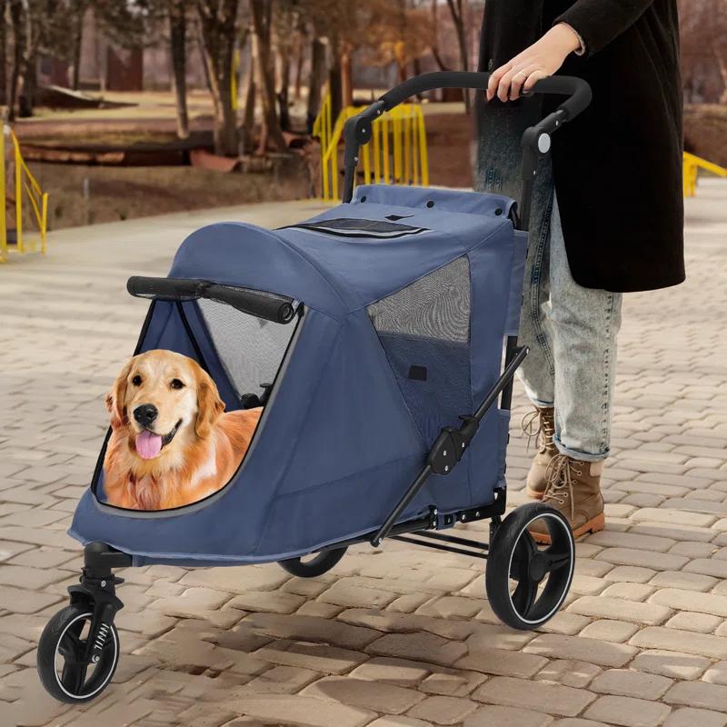 MoNiBloom Folding 3 Wheel Pet Stroller, Foldable Dog Jogger Stroller with Adjustable Handlebar and Mesh Window