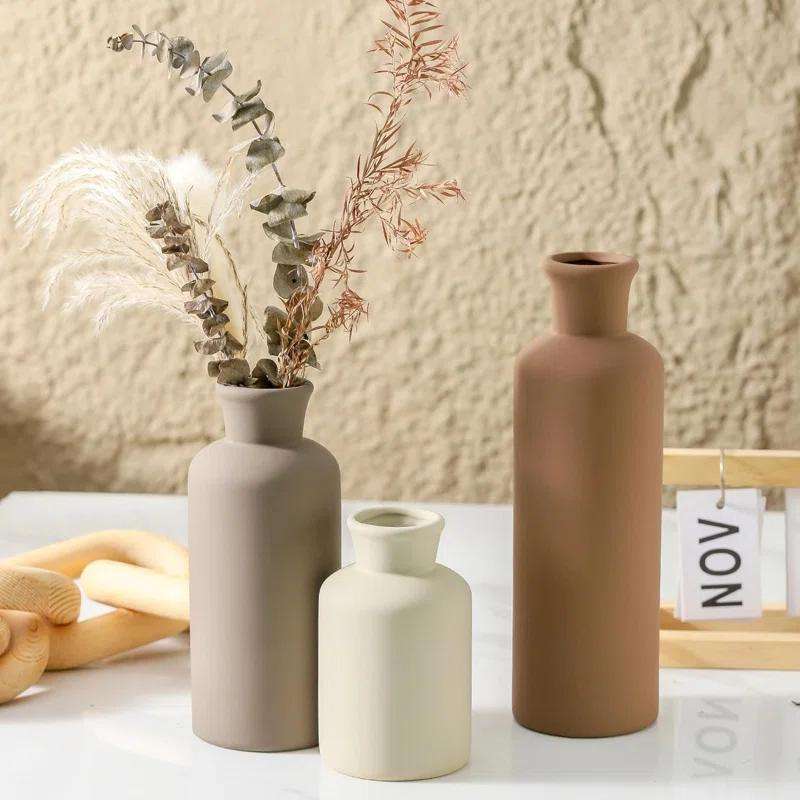 Lark Manor™ Set Of 3 Ceramic Vases, Modern Neutral Home Decor For Farmhouse, Rustic, Or Boho Style - Perfect For Fresh Or Dried Flowers, Table, Mantel, Shelf, Entryway, Living Room, Kitchen, Bathroom - Brown