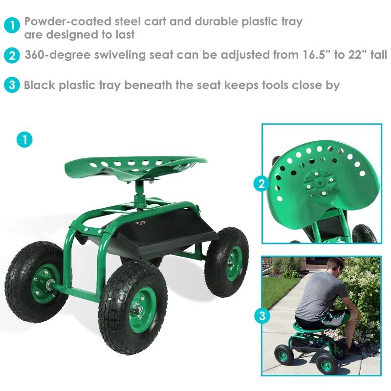 SunnyDaze Decor Steel Rolling Garden Cart Scooter with Swivel Seat and Tool Tray