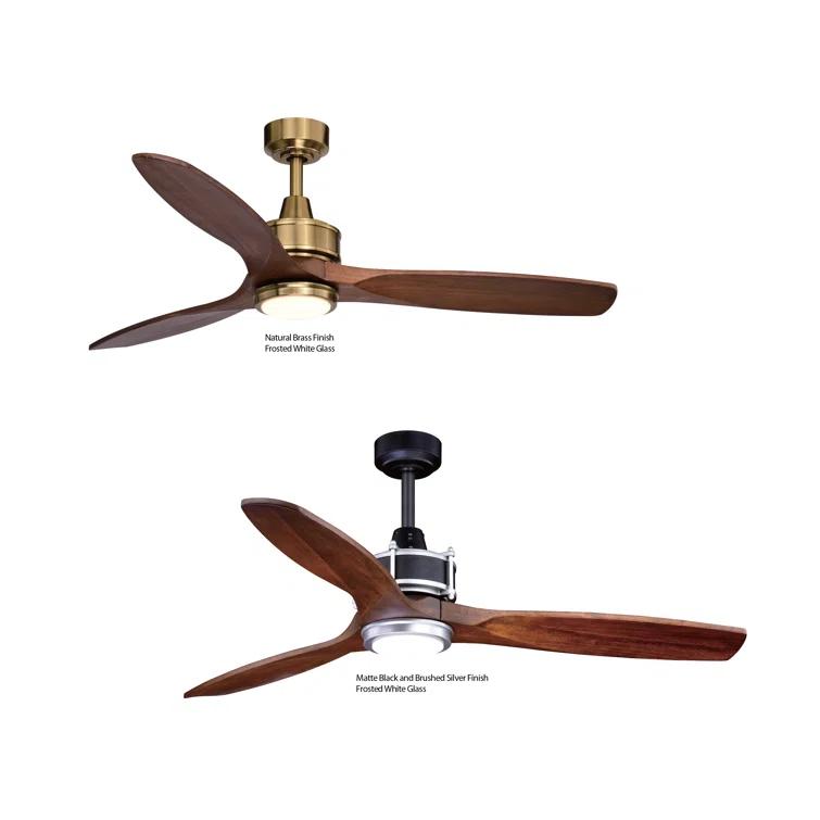 Wade Logan® Ballog 52 in. Matte Black and Brushed Silver Indoor Outdoor Rod Mount Industrial Ceiling Fan with Wooden Walnut Blades, Dimmable Integrated LED Light Kit and Remote Control Included, 3 Speeds