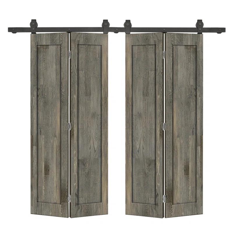 Calhome 1 Panel Shaker Pine Wood Double Bi-Fold Door with Sliding Barn Door Hardware Kit