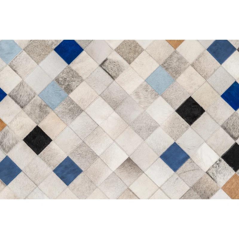 Art Hide Falling Squares Rectangle 5'2" x 6'6" Cowhide Argyle Area Rug in Blue/Gray/White/Brown