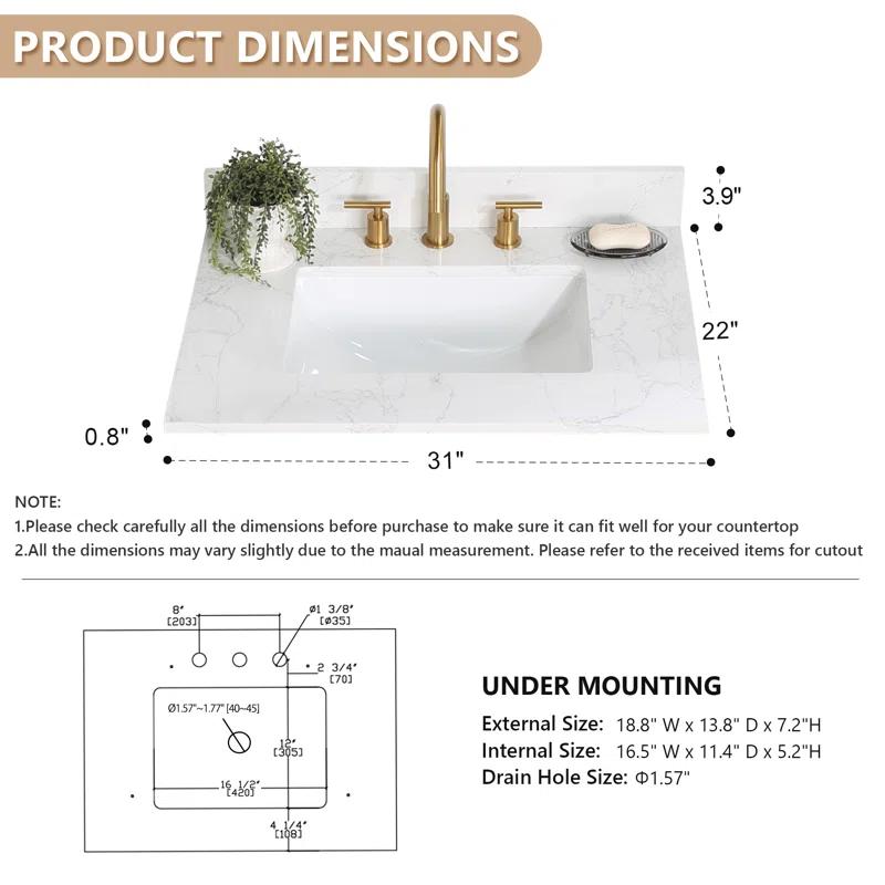 Altair Ceres 31" Engineered Stone Single Bathroom Vanity Top with Sink