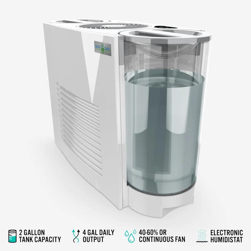 QUALITY FLOORING INC. Energy Smart Evaporative Humidifier With Automatic Shut-Off, 2 Gallon Capacity, LED Display, Simpletank For Easy Fill And Cleaning, Dual Tank, Electronic Humidistat, 4 Fan Speeds