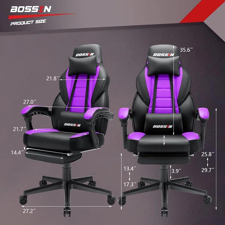 BOSSIN BOSSIN Adjustable Reclining Ergonomic Faux Leather Swiveling PC & Racing Game Chair with Footrest in Purple