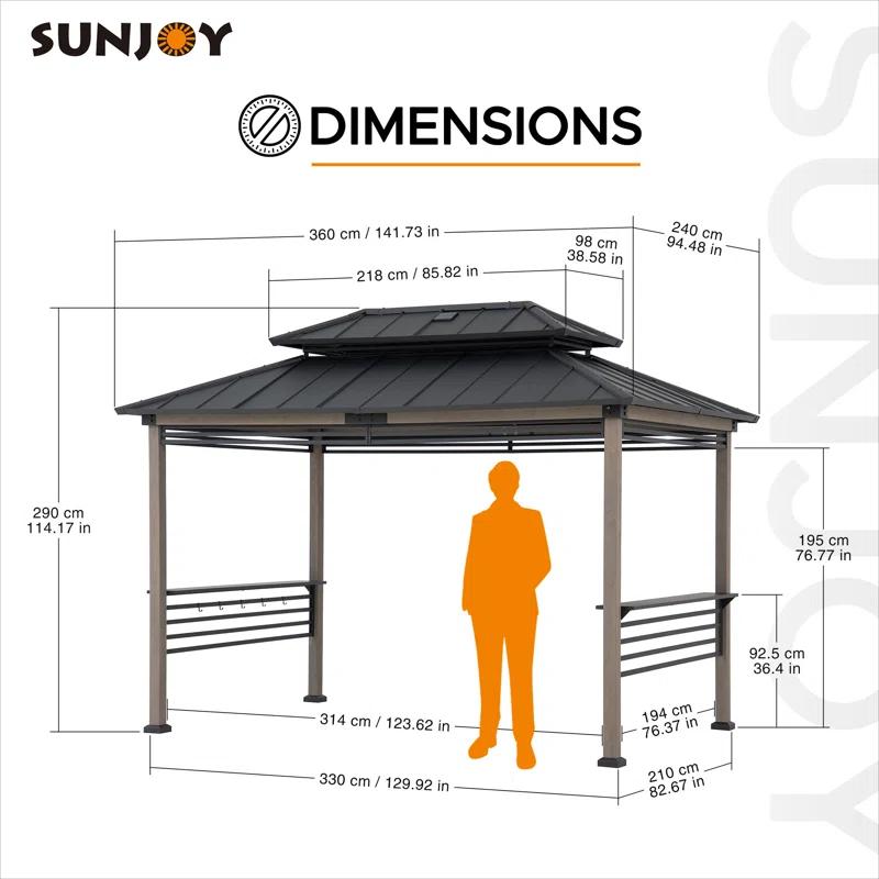 Sunjoy Sunjoy Wooden Grill Gazebo with Solar Power, 8 x 12 ft. Hardtop Gazebo for Year-Round Grilling, Outdoor Cedar Frame Cooking Shelter with Decorative Fence for Backyard BBQs Party