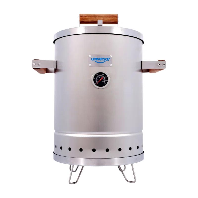 Universal Universal Stainless Steel Small 6-pound Charcoal Barrel Smoker with Thermometer, Grill & Smoker
