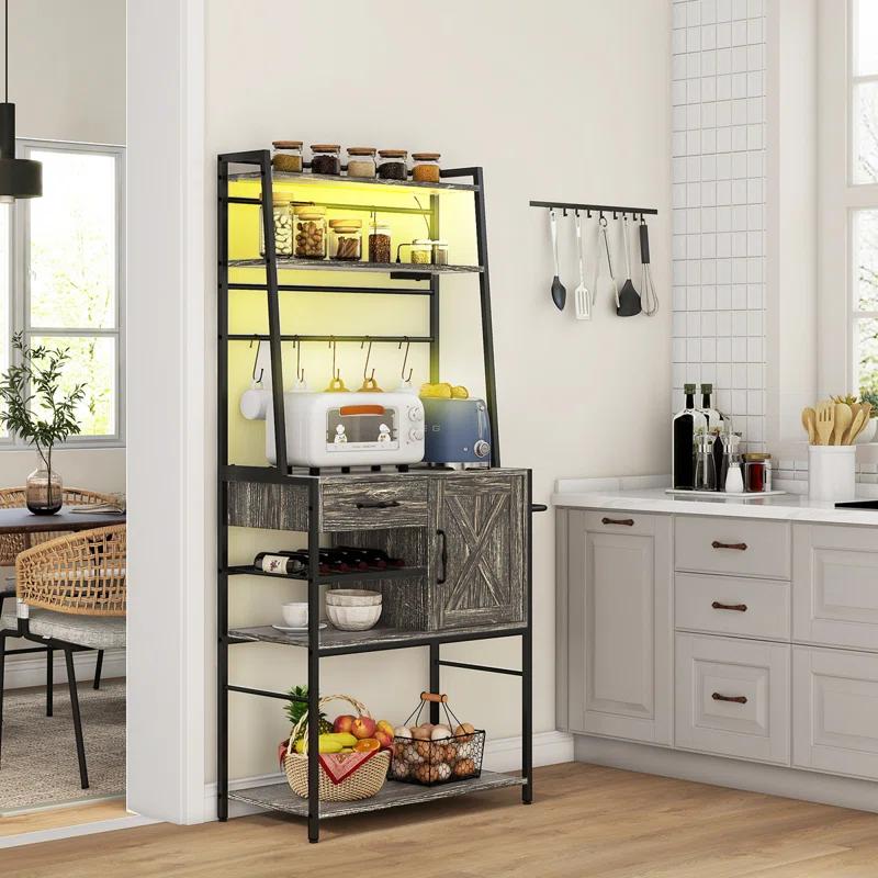 Baker's Rack With Power Outlet And LED Lights, Coffee Bar With Storage Shelves, Industrial Microwave Stand With Wine Bottle Rack