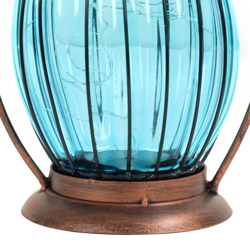 Exhart Exhart Solar Antique Metal and Glass Accent Lantern with Fifteen LED Fairy Firefly String Lights, 7 by 14"