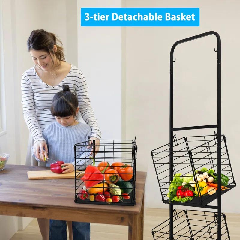 OUMIKEJI 3-Tier Fruit Basket Stand For Kitchen, Wire Market Basket Food Storage Stand With Wheels, Vegetable Produce Pantry Basket Organizer