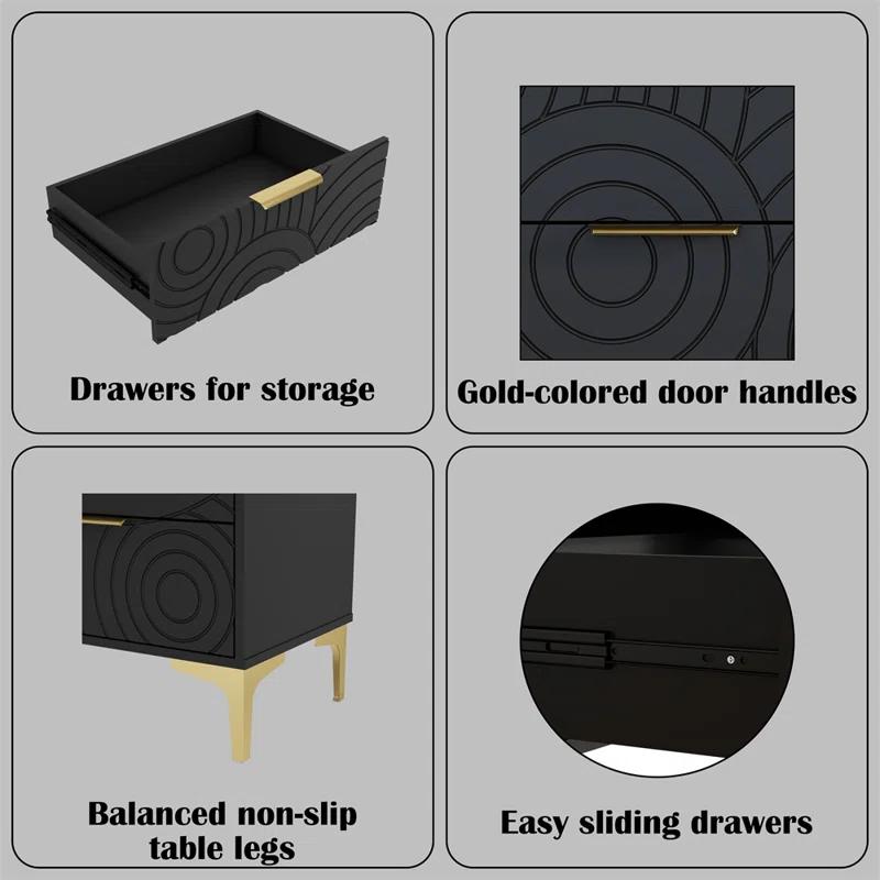 Gloriay Modern 6 Drawer Dresser For Bedroom, Wide Chest Of Drawers With Gold Metal Legs And Handles, Storage Organizer – Black