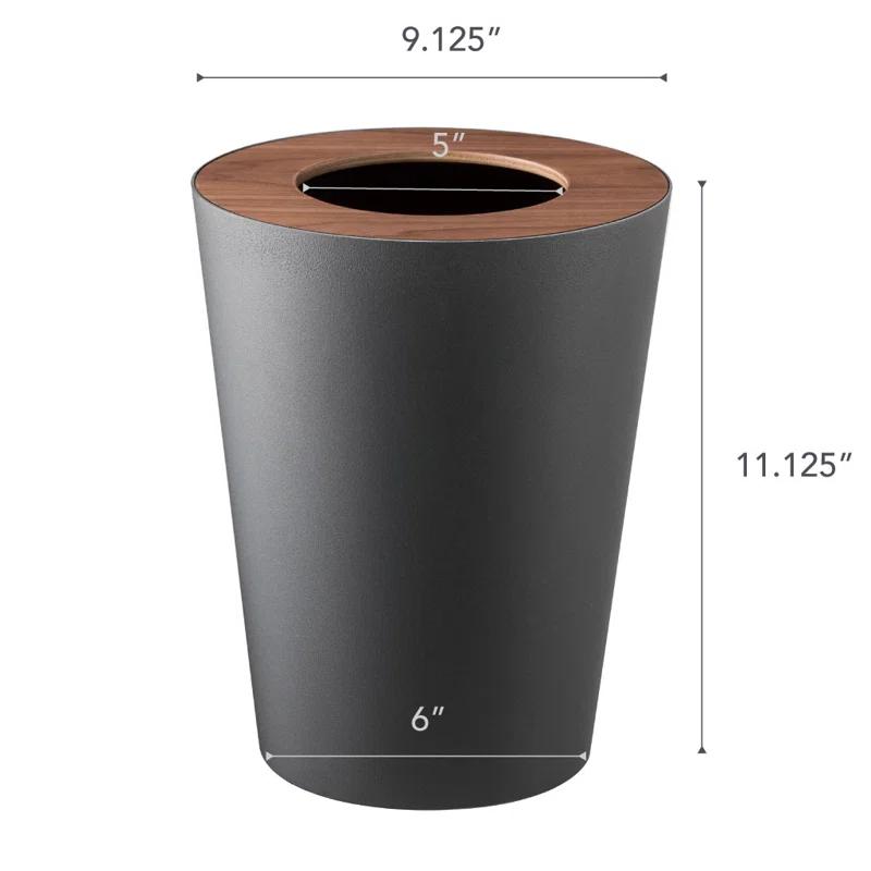 Rin Yamazaki Home Round Trash Can, 1.85 gallon Wastebasket Bathroom Kitchen Office, Steel + Wood