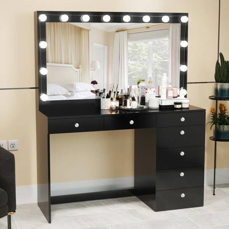 Boahaus LLC Boahaus Joan Large Modern Makeup Vanity Table with Big Mirror, 7 Drawers and Power Outlet