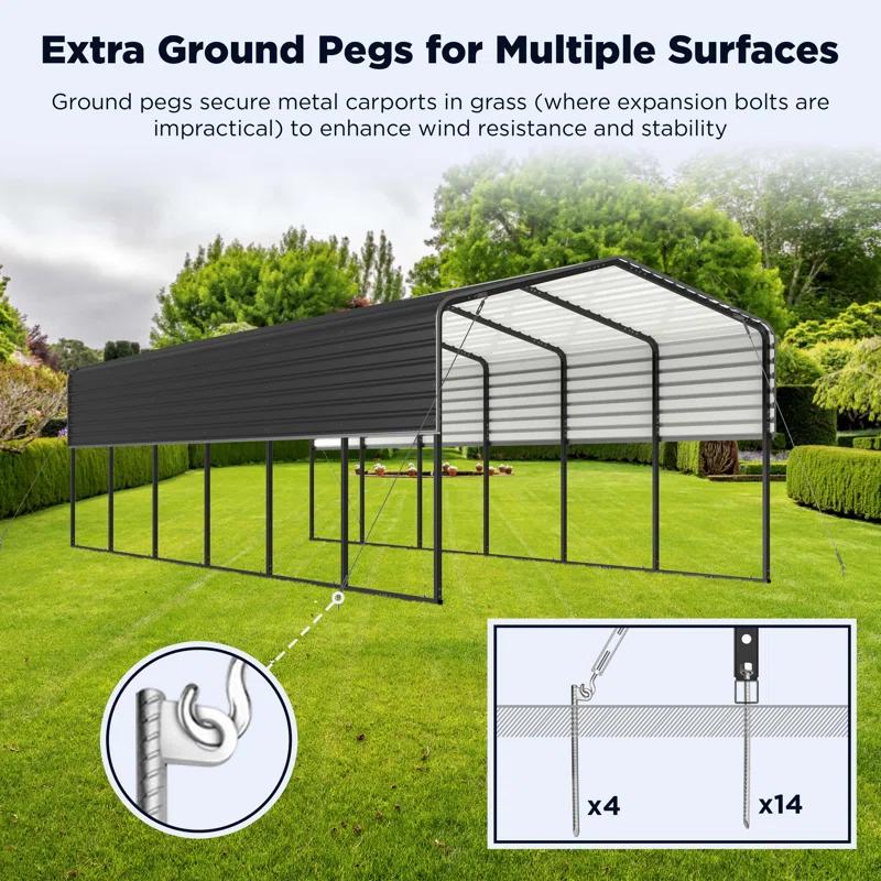 ALEKO 30L x 12W x 9.6H ft. Metal Carport with Corrugated Roof - Black