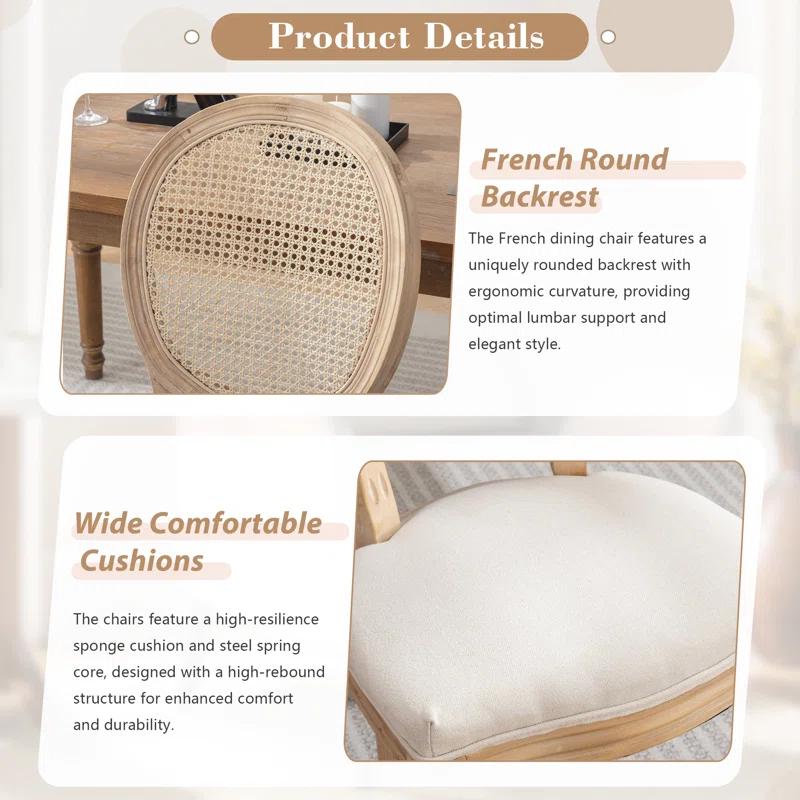 One Allium Way® French Style Rattan Back Solid Wood Upholstered Dining Chairs(Set of 6)