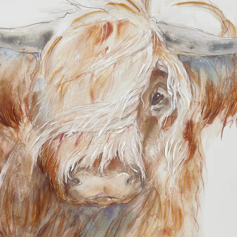 Union Rustic Windswept Hand Embellished Highland Bull Canvas Wall Art