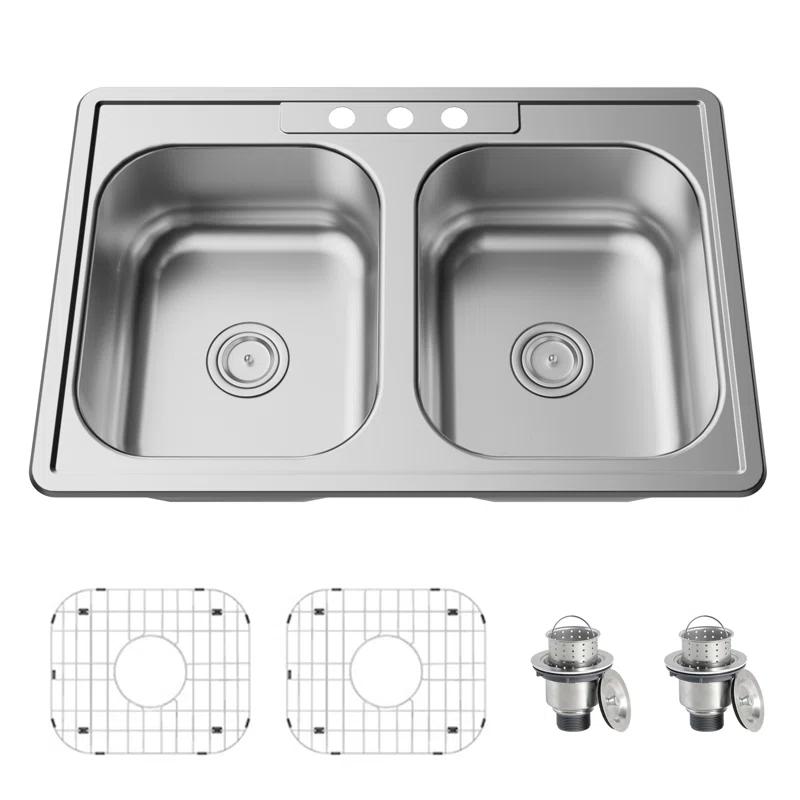 KDK HOME KH-3322T+Grid KDK HOME 33" x 22" Drop In Kitchen Sink 50/50 Double Bowl Sink with Bottom Grid & Basket Strainer