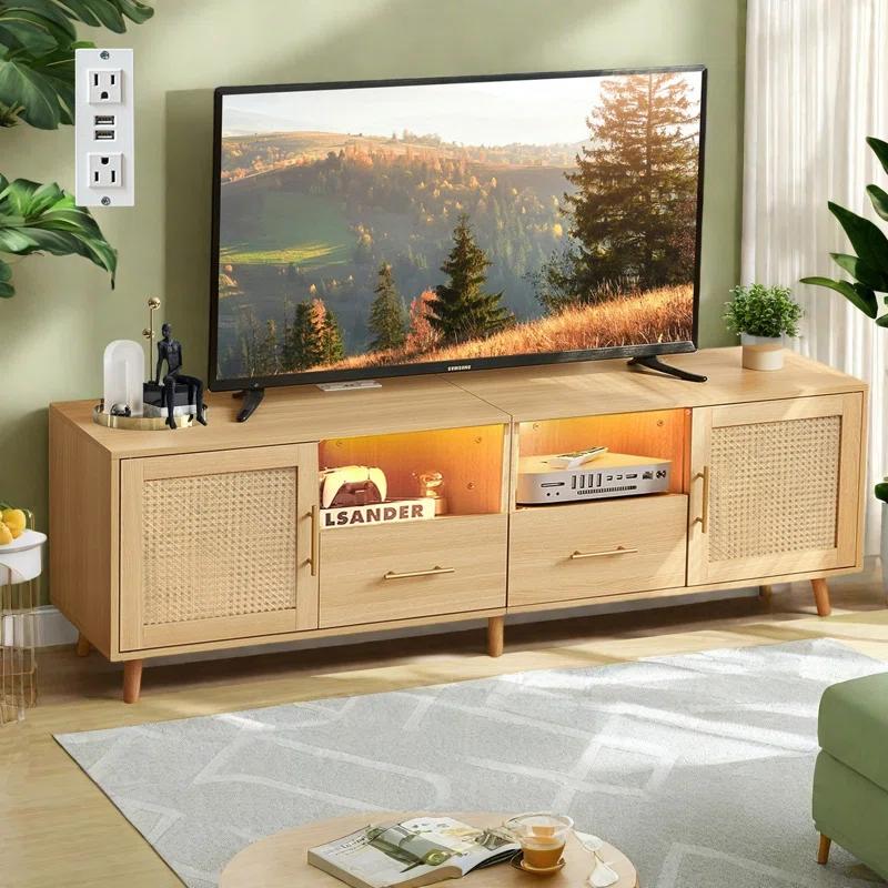 Bay Isle Home™ Heyer Large Wood Rattan TV Stand for TVs up to 75" with LED Light and Charging Station, Coastal Media Console Table, Multimedia Storage Furniture with 2 Drawers, Lighting TV Cabinet  & Reviews | Wayfair