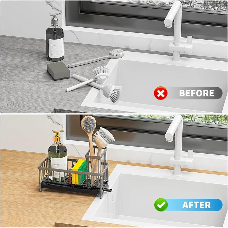 WKING Stainless Steel Kitchen Sink Caddy Organizer With Draining Tray, Rustproof Sponge Holder For Sink, Adjustable Compartments, Space-Saving Design