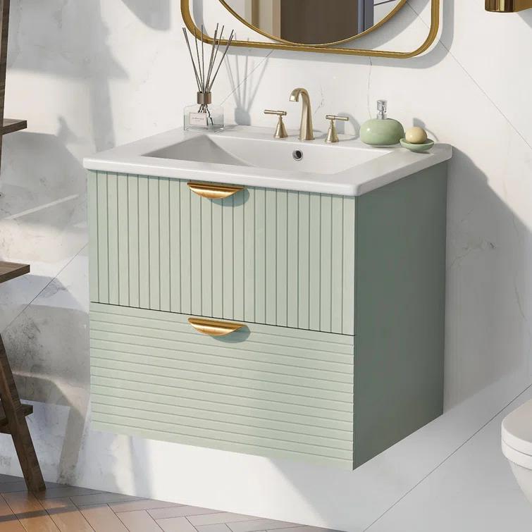 Tryimagine Modern 24-Inch Wall-Mounted Bathroom Vanity With 2 Drawers, Green - Ideal For Small Bathrooms