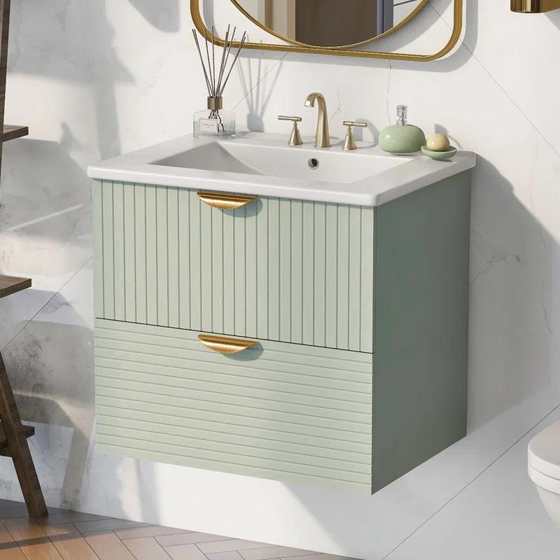 Tryimagine Modern 24-Inch Wall-Mounted Bathroom Vanity With 2 Drawers, Green - Ideal For Small Bathrooms