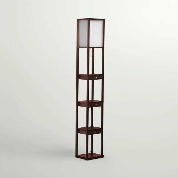 Brightech Maxwell 63" Modern LED Shelf Floor Lamp with Havana Brown Finish, 3 Tiers, and Fabric Square Shade, Bulb Included
