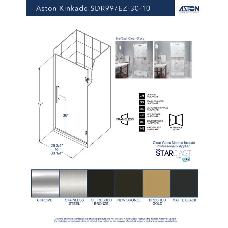 Aston Kinkade 29.75" - 30.25" W x 72" H Frameless Hinged Shower Door SDR997EZ-SS-30-10
