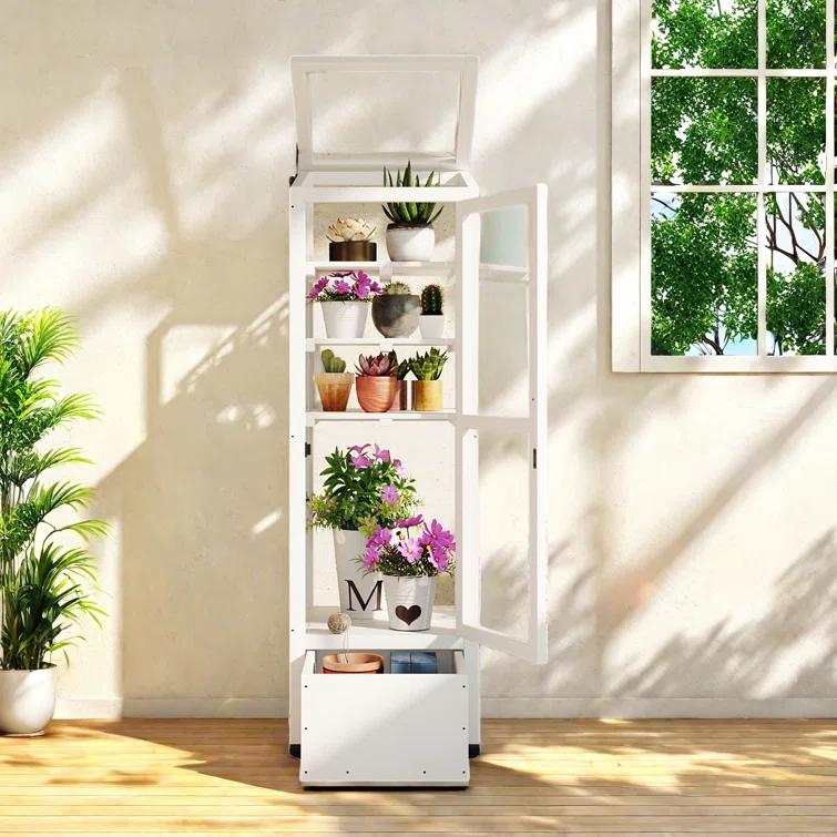 mosaicmotifco Wood Garden Greenhouse Balcony Portable Mini Cold Frame With Movable Storage Box, Adjustable Shelves And 1 Drawer