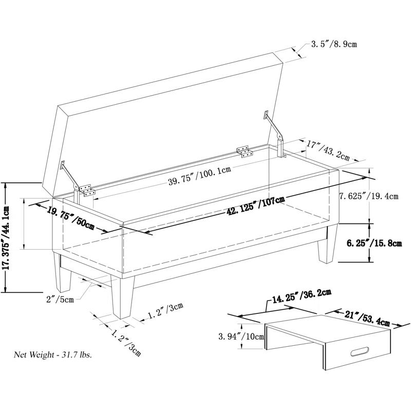Simpli Home Oregon 42"W Upholstered Storage Ottoman Bench with Lift-Top Lid and Tray