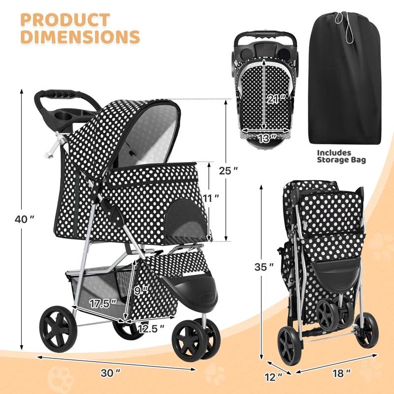 Magshion Foldable Pet Dog and Cat Stroller with Adjustable Canopy Storage Basket and Cup Holder for Small and Medium Pets