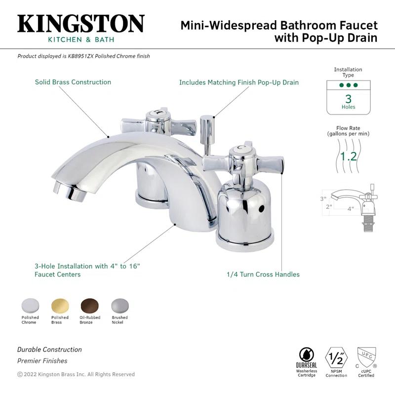 Kingston Brass Kingston Brass Millennium Two-Handle 3-Hole Deck Mount Mini-Widespread Bathroom Faucet with Plastic Pop-Up KB8958ZX