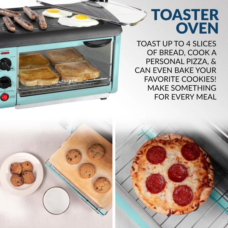 Nostalgia Retro 3-in-1 Family Size Electric Breakfast Station, Coffeemaker, Griddle, Toaster Oven, Aqua