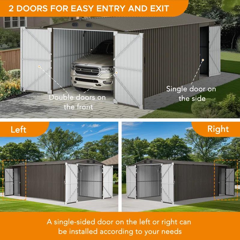 Sunjoy Sunjoy Outdoor Storage Shed 10 x 20 ft. Carport, Patio Metal Utility Large Storage Shed Garage with 2 Doors and 4 Vents, for Car, Truck, Bike, Garbage Can, Tool, Lawnmower