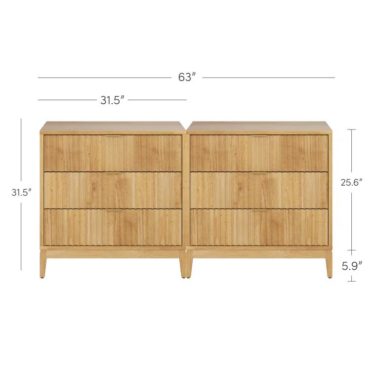 Nathan James 3-Drawer Dresser With Solid Wood Frame And Fluted Details (2-Piece Set)