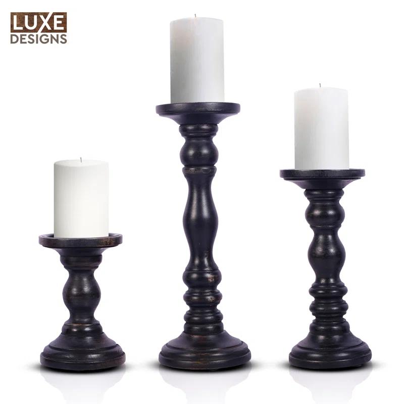 LuxeDesigns 12'' Handcrafted Mango Wood Pillar Candle Holder Set – Rustic 3-Piece Set for LED Candles
