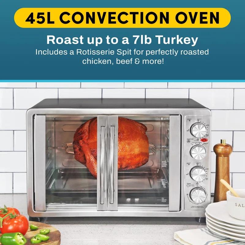 MODERN WALLS LLC French Door 47.5Qt, 18-Slice Convection Oven 4-Control Knobs, Bake Broil Toast Rotisserie Keep Warm, Includes Pizza Racks