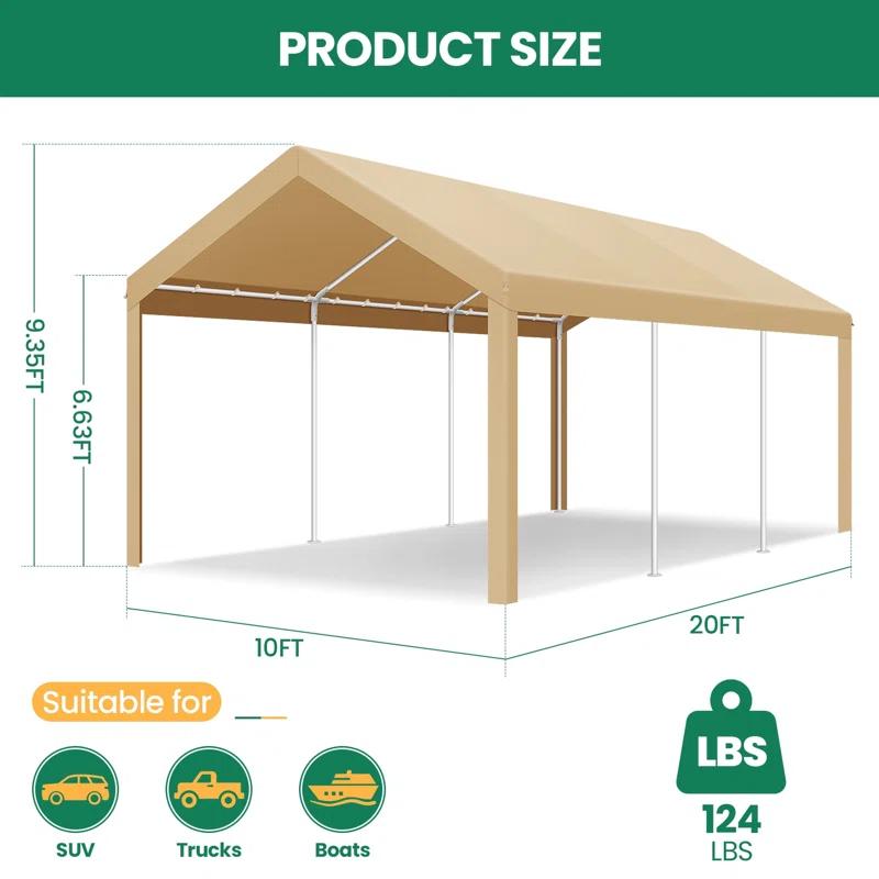 Cobizi Carport 10'x20' Heavy Duty Portable Garage, Upgraded Car Canopy