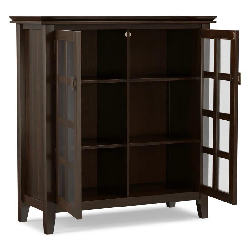 Simpli Home Artisan 38"W Solid Wood 4-Shelf Medium Storage Cabinet with Glass Doors and Adjustable Shelves