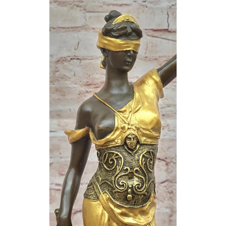 Red Barrel Studio® Blind Lady of Justice Themis Bronze Statue Sculpture Law Attorney Art Gift Gold Patina