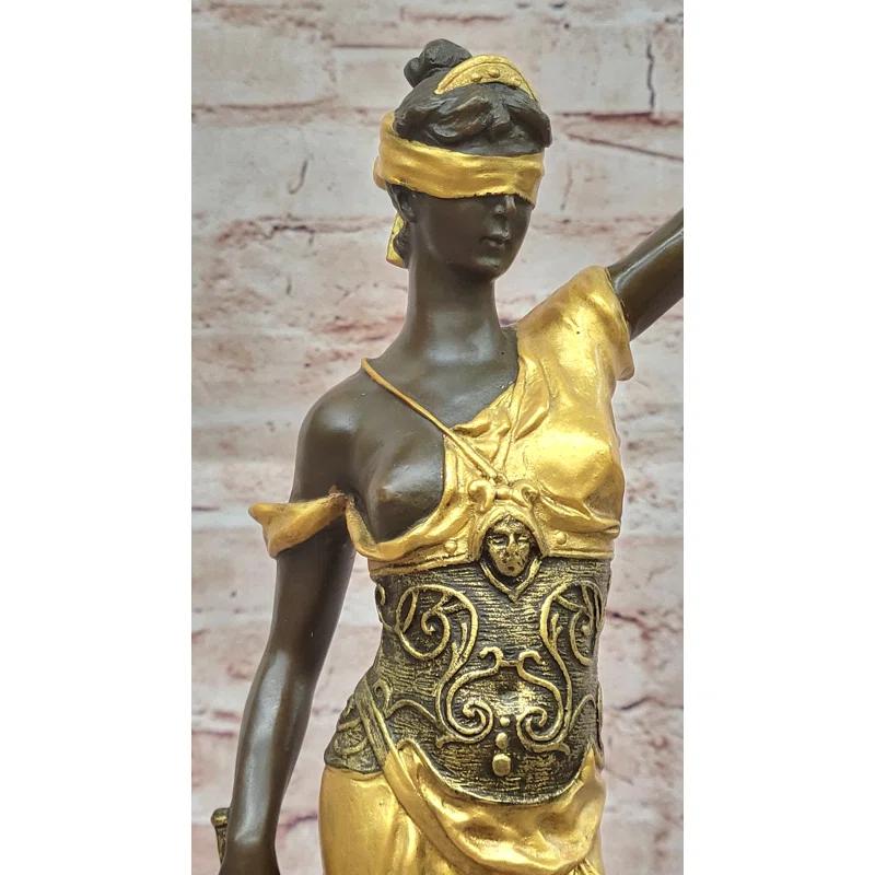 Red Barrel Studio® Blind Lady of Justice Themis Bronze Statue Sculpture Law Attorney Art Gift Gold Patina