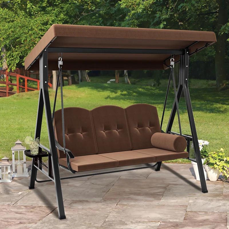 Arlmont & Co. 3-Person Porch Swing with Cup Holders with Removable Cushions and Convertible Canopy
