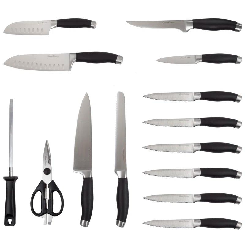 Classic Cuisine Professional 15-Piece Knife Set with Block - Stainless-Steel Cutlery with Chef, Bread, Santoku, Filet, Paring, and Steak Knives