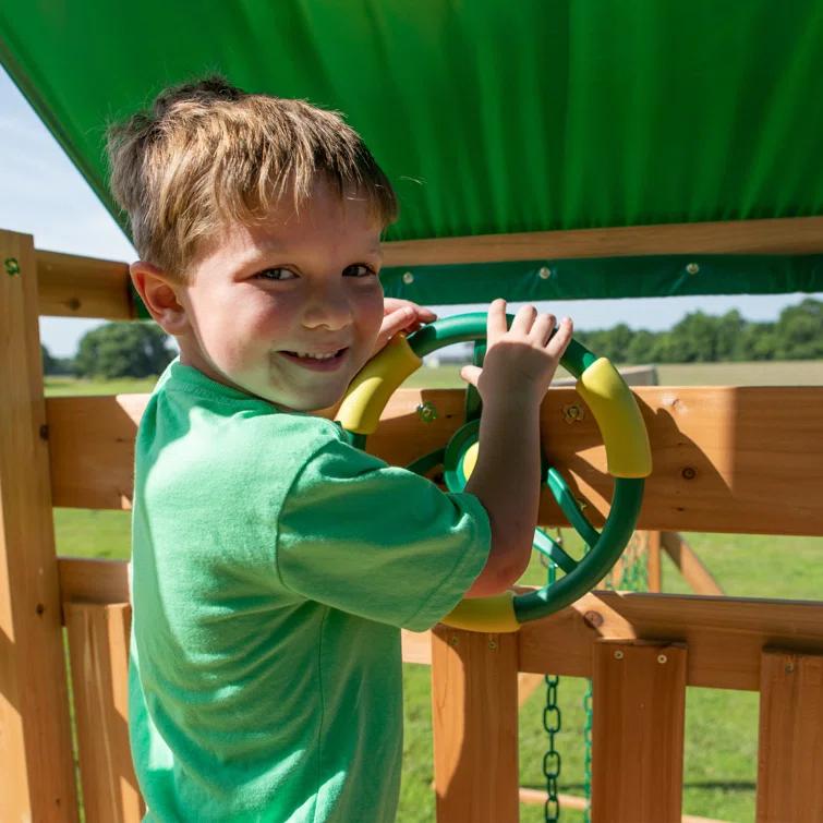 Backyard Discovery Backyard Discovery Mount Mckinley Cedar Wood Swing Set with Wave Slide, Play Deck, Double Rock Wall, and Rope Ladder