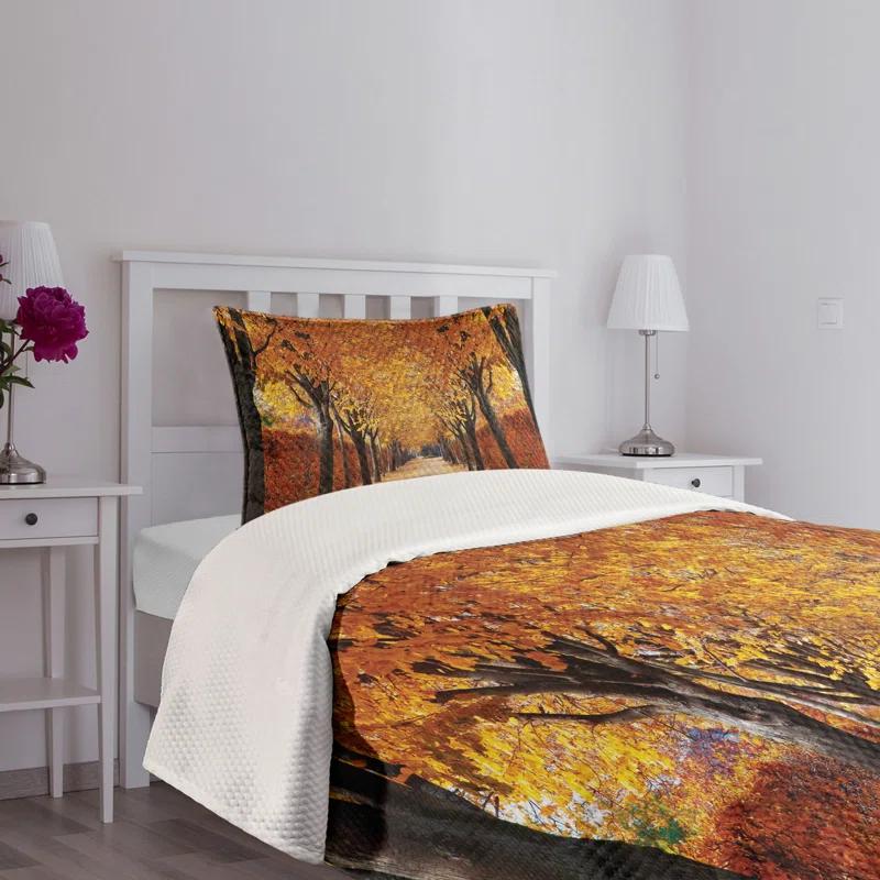 Ambesonne Ambesonne Autumn Bedspread Set Pathway in the Woods Orange Brown