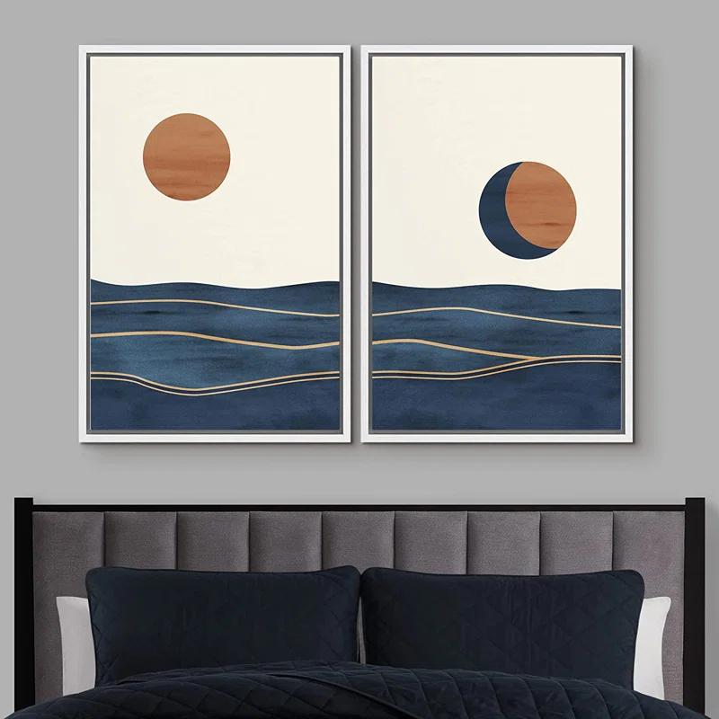 Sun And Moon " Abstract Sun Over Blue Watercolor Ocean Waves Modern Minimalist Landscape " 2 - Pieces