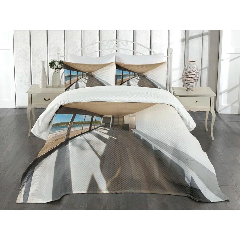 Ambesonne Ambesonne Beach Bedspread Set Ocean Sea Waves Sand View Pale Brown Sky Blue
