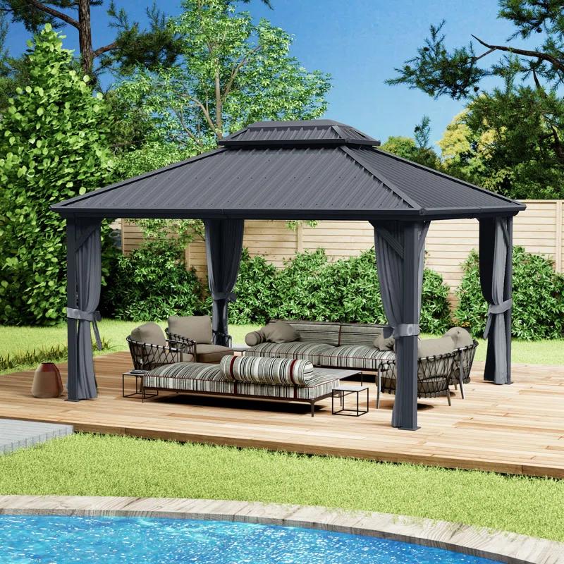 Kozyard Kozyard Caesar Gray Double Roof Hardtop Gazebo with Privacy Curtain and Mosquito Netting