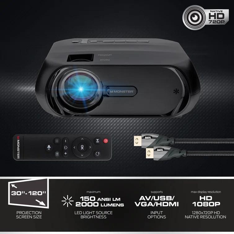 Monster Image Pro 720 HD Extra-Bright LCD Projector, 2000 Lumens, Projects Up To 16ft | Wayfair