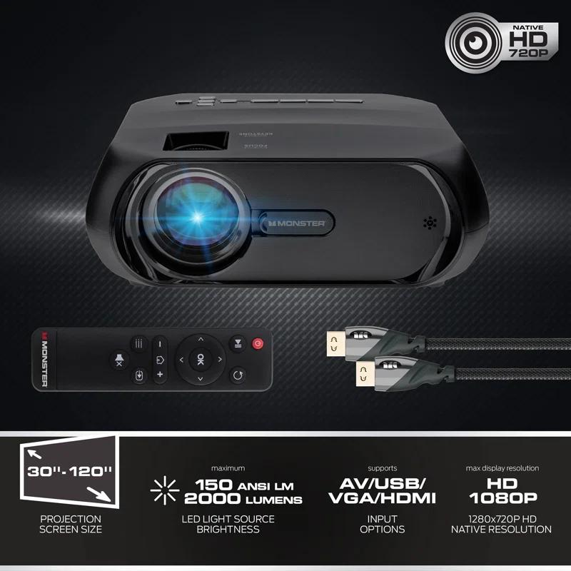 Monster Image Pro 720 HD Extra-Bright LCD Projector, 2000 Lumens, Projects Up To 16ft | Wayfair